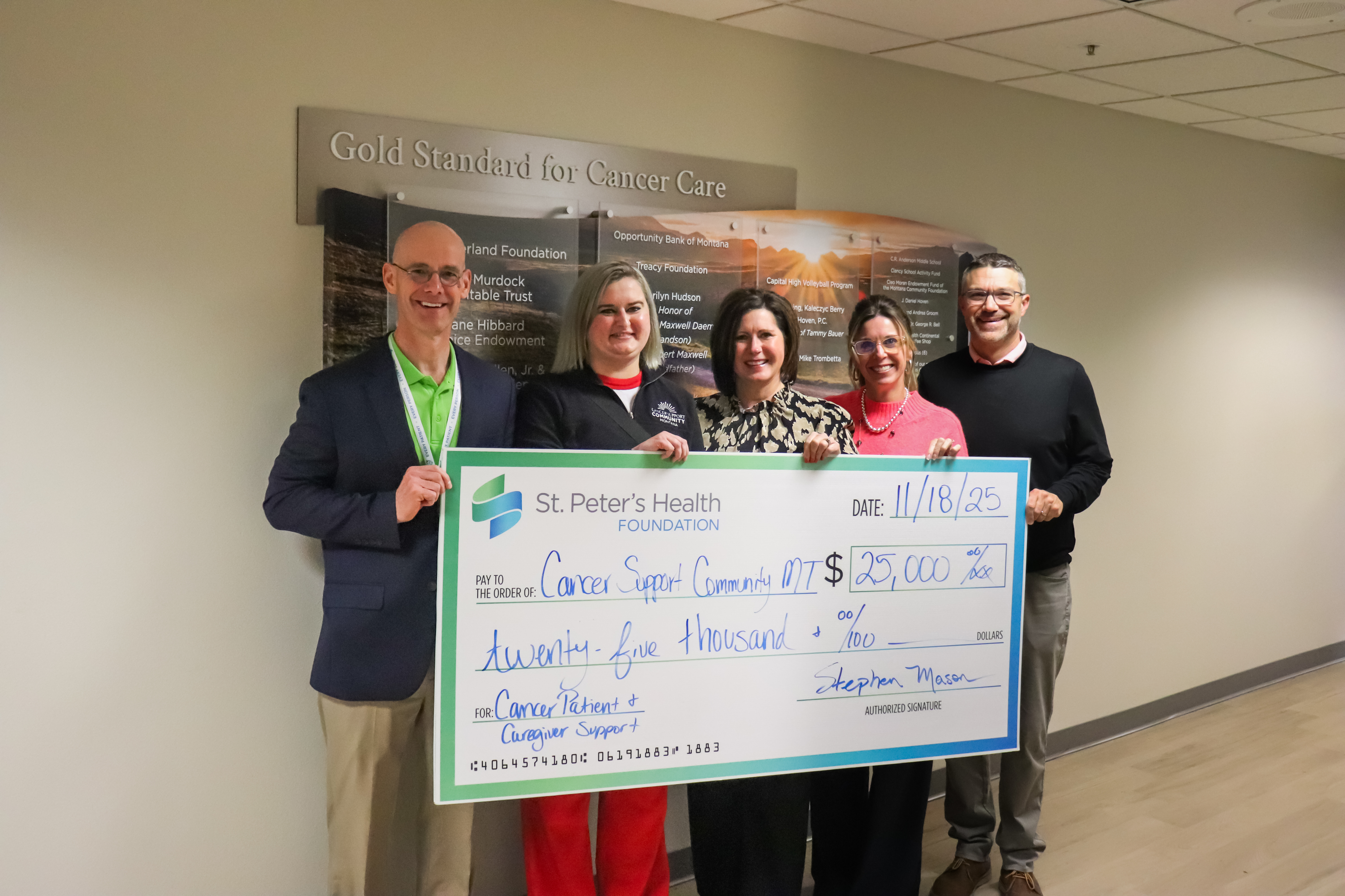 Photo of Wade Johnson, CEO St. Peter’s Health; Jasmine Surina, Cancer Support Community Montana Interim CEO; Kashia Herring Cancer Support Community Montana Development Manager; Kari Koehler St. Peter’s Chief Nursing Officer; and Bob Heberly, Chair of St. Peter’s Health Foundation Board.