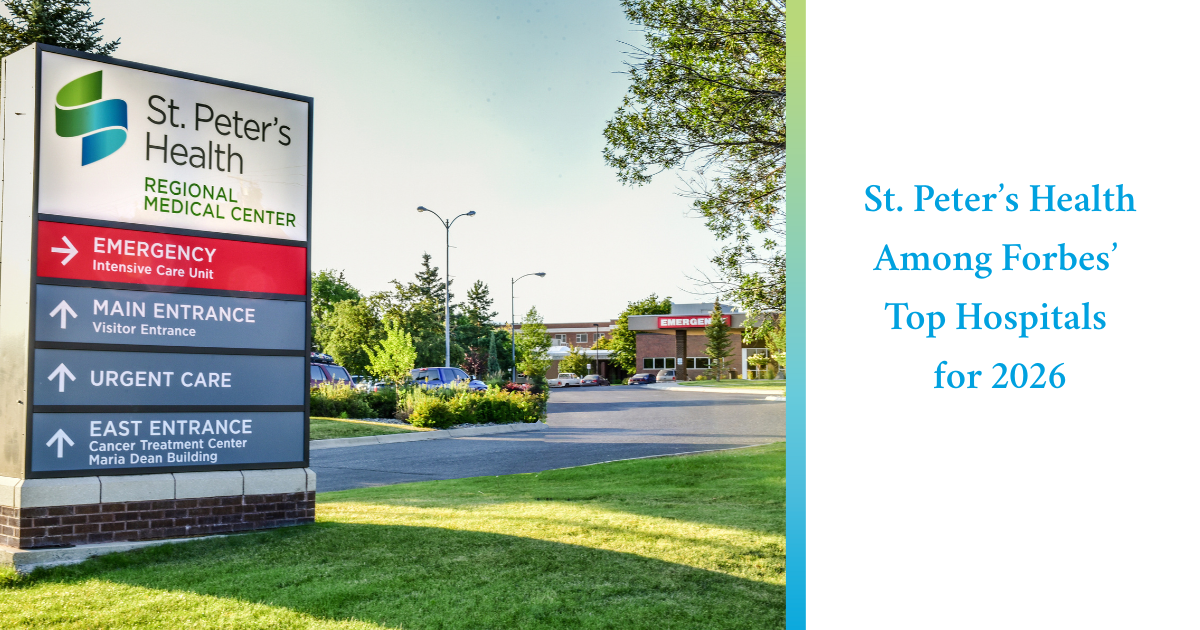 A photo of the exterior of St. Peter's Health showing emergency room sign with the text St. Peter's Among Forbes' Top Hospitals for 2026.