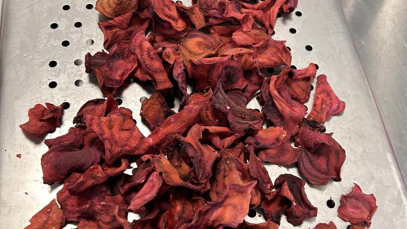 beet chips on silver tray