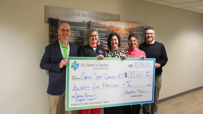 Photo of Wade Johnson, CEO St. Peter’s Health; Jasmine Surina, Cancer Support Community Montana Interim CEO; Kashia Herring Cancer Support Community Montana Development Manager; Kari Koehler St. Peter’s Chief Nursing Officer; and Bob Heberly, Chair of St. Peter’s Health Foundation Board.