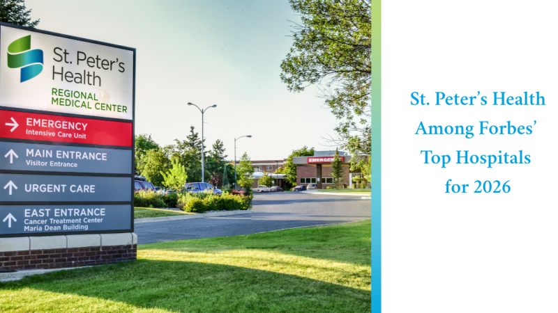 A photo of the exterior of St. Peter's Health showing emergency room sign with the text St. Peter's Among Forbes' Top Hospitals for 2026.
